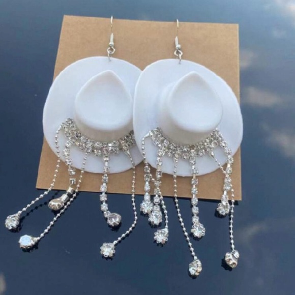 Jewelry - Brand new White and silver rhinestone cowboy hat earrings - boho style
